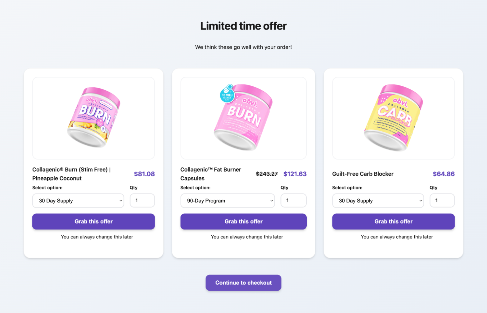 Obvi Smart Cart limited-time offer showing Collagenic Burn, Fat Burner Capsules, and Guilt-Free Carb Blocker add-on suggestions powered by rePete®