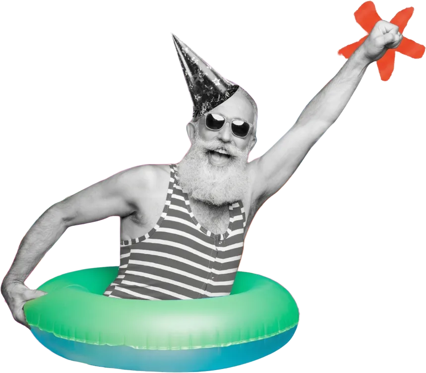 pb+j party figure in a star-patterned cone hat and sunglasses, fist raised, riding a bright green and blue inflatable swim ring
